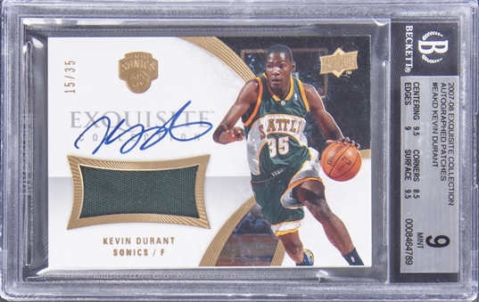 2007-08 UD "Exquisite Collection" Autographed Patches #EAKD Kevin Durant Signed Patch Rookie Card (#15/35) - BGS MINT 9/BGS 10